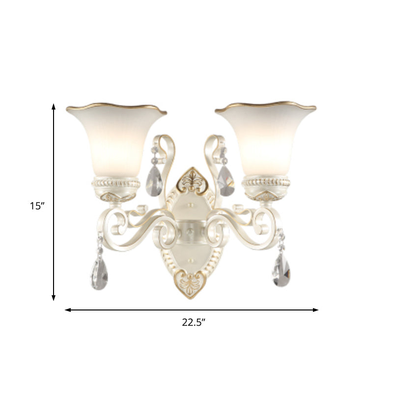 Avtoit | Milk glass flower wall lamp vintage 1/2 head wall-mounted light with clear crystal accent in white for the bedroom