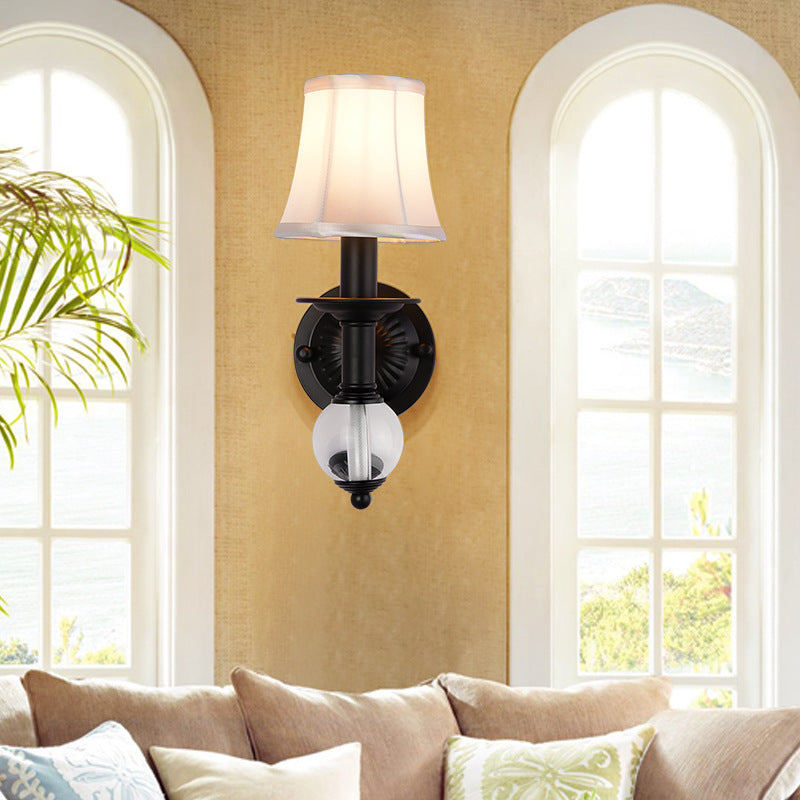 Avtoit | White Fabric Bell Wall Lamp Contemporary 1 Light Wall Lamp with Crystal Ball and Straight Arm in Black