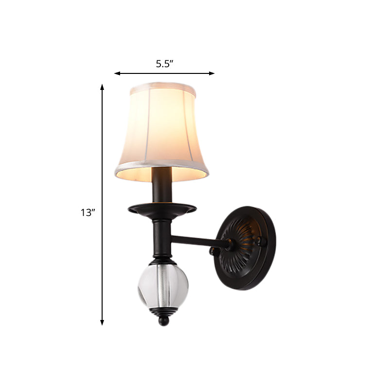 Avtoit | White Fabric Bell Wall Lamp Contemporary 1 Light Wall Lamp with Crystal Ball and Straight Arm in Black