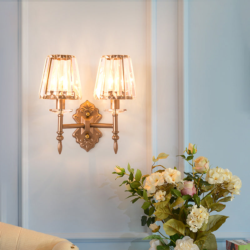Avtoit | Faceted Crystal Wall Light with Conical Shade Modernist 1/2-Light Wall Lamp in Copper for Bedroom