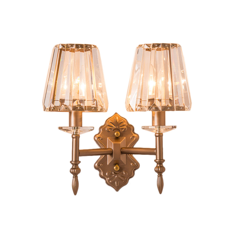 Avtoit | Faceted Crystal Wall Light with Conical Shade Modernist 1/2-Light Wall Lamp in Copper for Bedroom