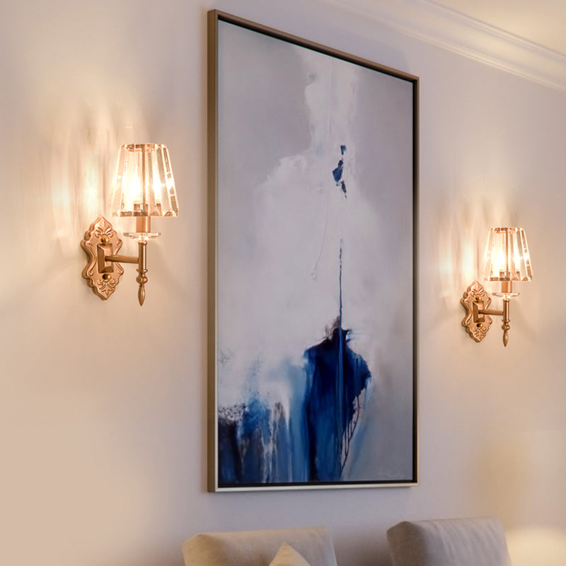 Avtoit | Faceted Crystal Wall Light with Conical Shade Modernist 1/2-Light Wall Lamp in Copper for Bedroom