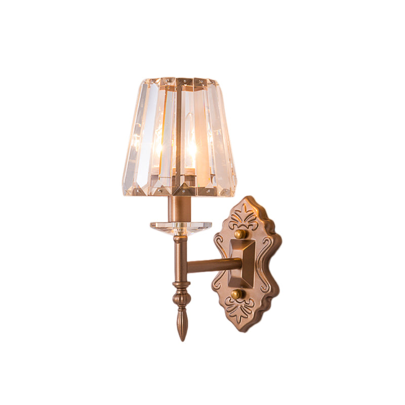 Avtoit | Faceted Crystal Wall Light with Conical Shade Modernist 1/2-Light Wall Lamp in Copper for Bedroom