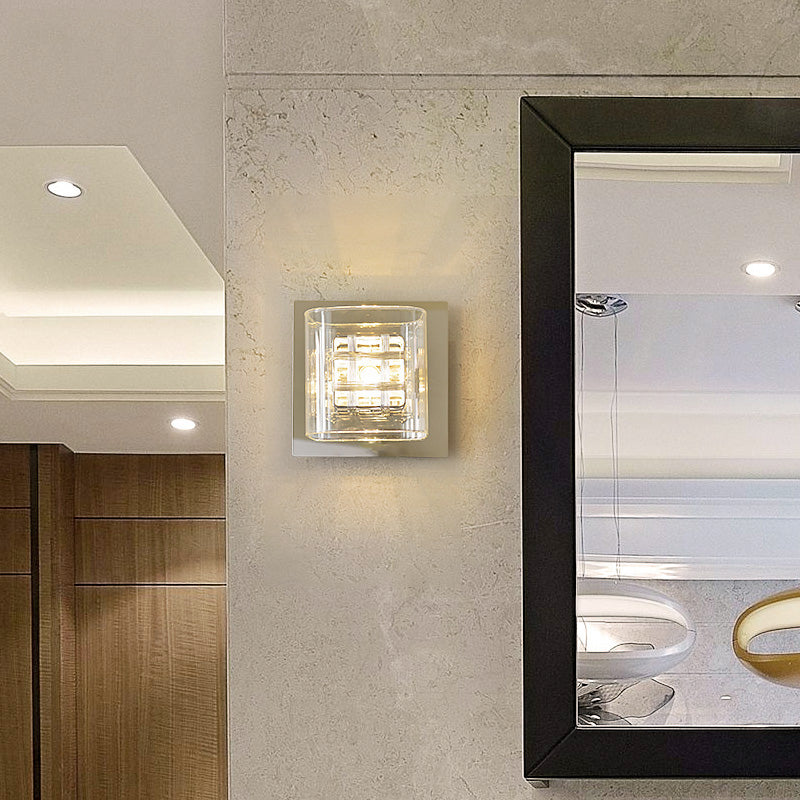 Avtoit | Clear Glass Square Wall Lamp Contemporary 1 Light Wall Lamp with Inner Wire Shade in Chrome for Hallway