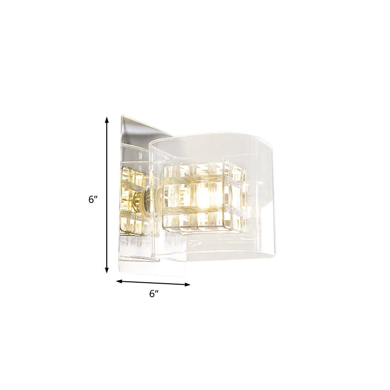 Avtoit | Clear Glass Square Wall Lamp Contemporary 1 Light Wall Lamp with Inner Wire Shade in Chrome for Hallway