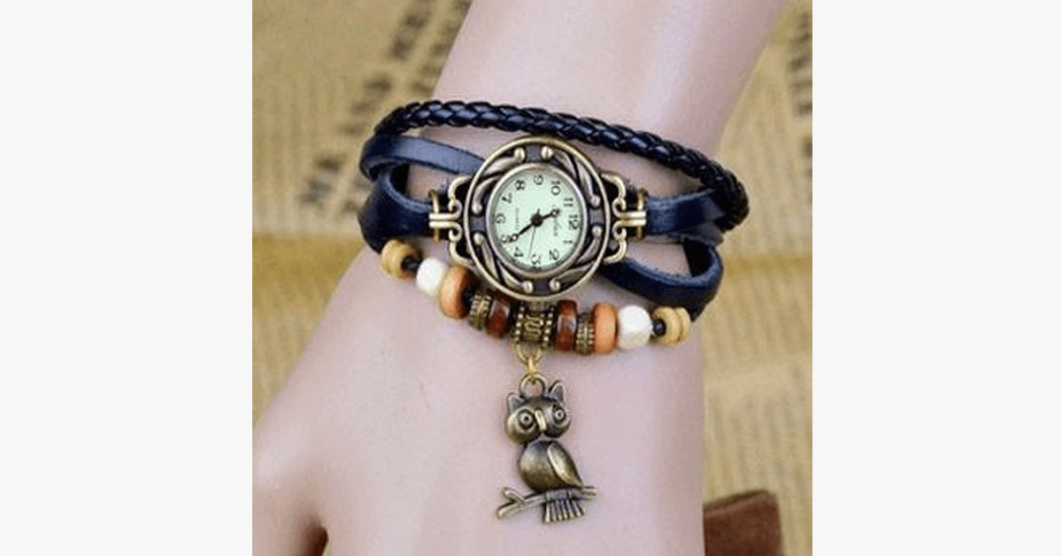 Avtoit | Owl Vintage Wrap Watch with Boho-Chic Style Bracelet - Woven cuff-style bracelet watch for a funky look!