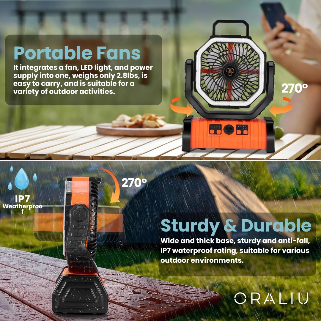 Avtoit | 3-in-1 Camping Fan with LED Light & 20000mAh Power Bank – USB Rechargeable & Wireless