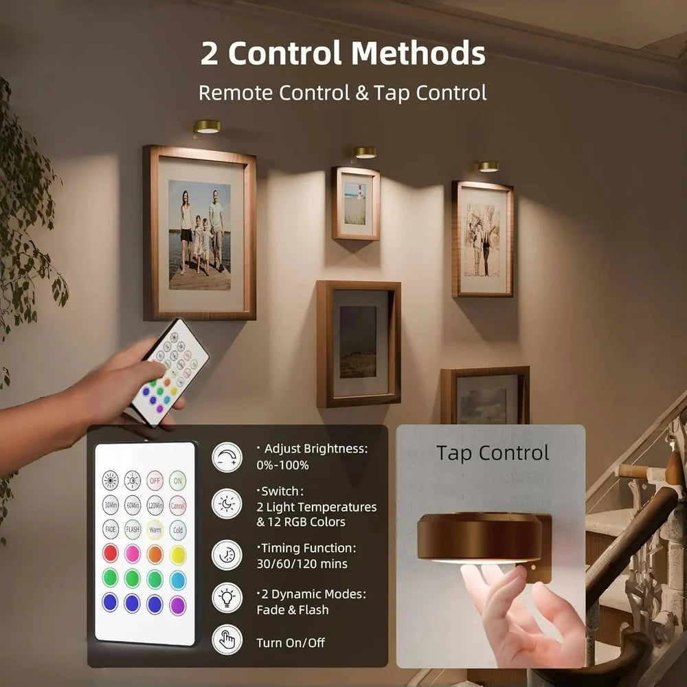 Avtoit | 2 + 1 | Wireless Picture Lights – No Drilling, Rechargeable, Color Change with Remote Control