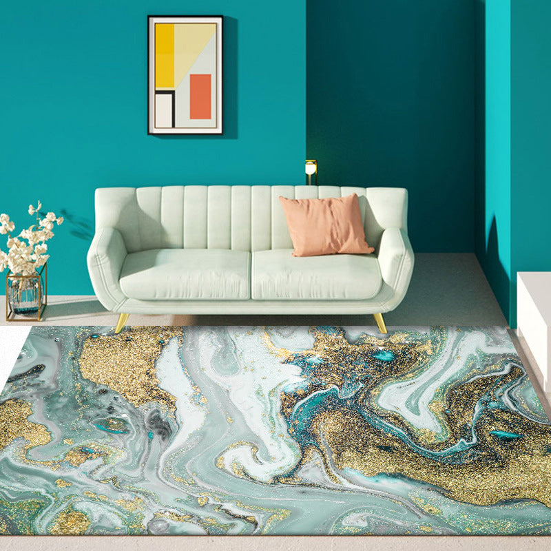 Avtoit | Unique Watercolor Pattern Rug Blue and Gold Modern Rug Polyester Washable Non-slip Background Carpet for Living Room