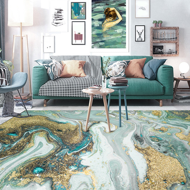 Avtoit | Unique Watercolor Pattern Rug Blue and Gold Modern Rug Polyester Washable Non-slip Background Carpet for Living Room