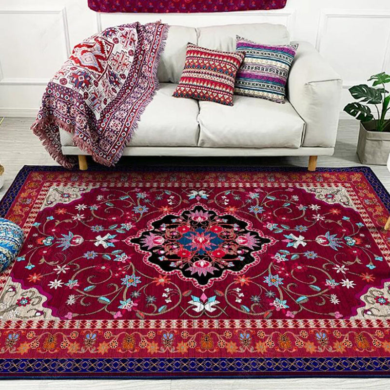 Avtoit | Moroccan Living Room Rug with Red Medallion Floral Pattern Rug Polyester Non-slip Machine Washable Rug