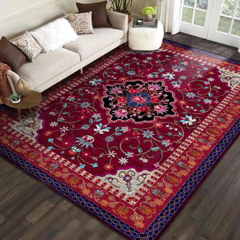 Avtoit | Moroccan Living Room Rug with Red Medallion Floral Pattern Rug Polyester Non-slip Machine Washable Rug