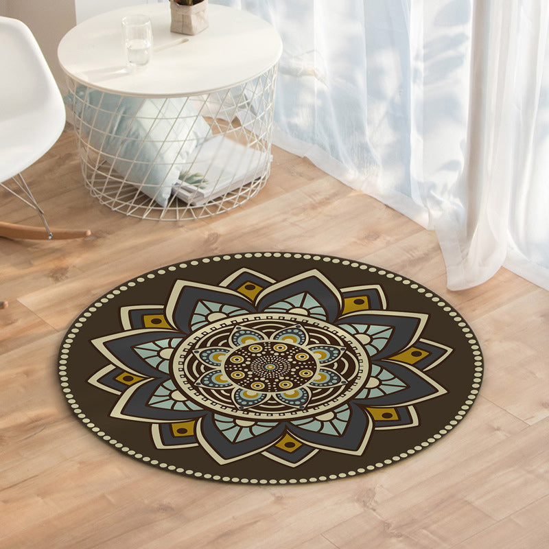 Avtoit | Dark brown Moroccan rug flannel floral pattern rug washable non-slip backing rug for the living room