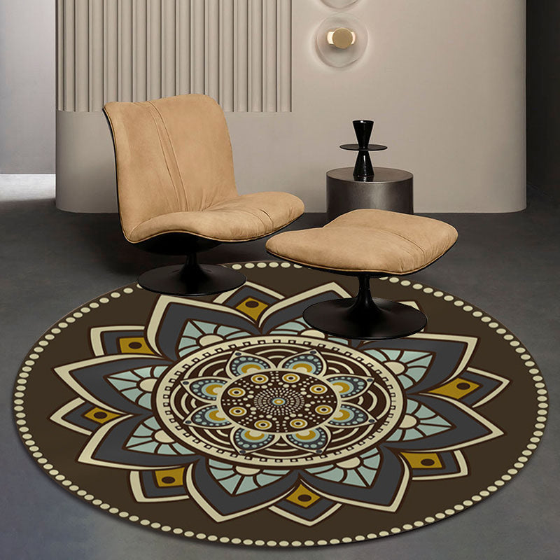 Avtoit | Dark brown Moroccan rug flannel floral pattern rug washable non-slip backing rug for the living room