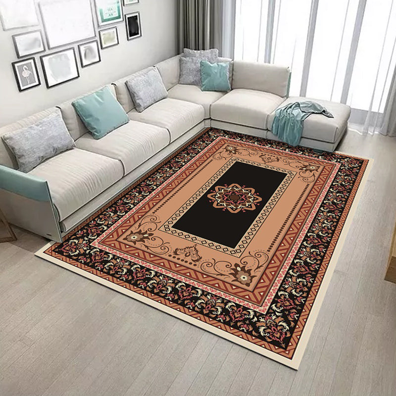 Avtoit | Black and brown bedroom rug Moroccan medallion floral pattern area rug polyester non-slip pet-friendly rug