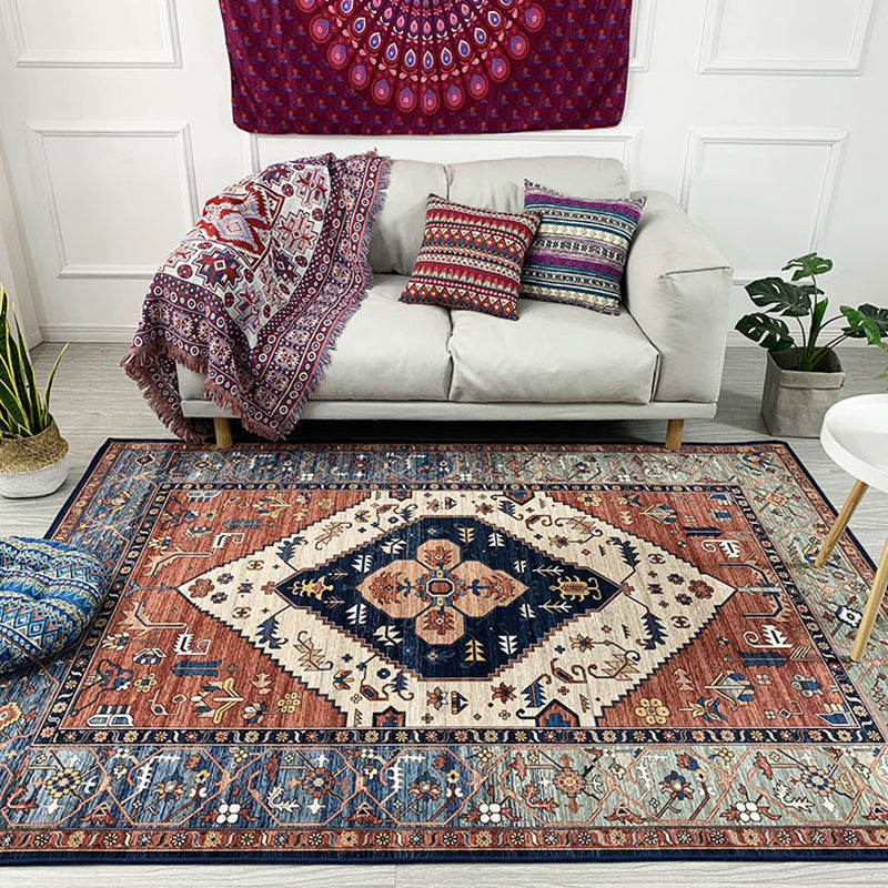 Avtoit | Moroccan Living Room Rug in Brown Medallion Floral Pattern Carpet Polyester Non-Slip Stain-Resistant Area Rug