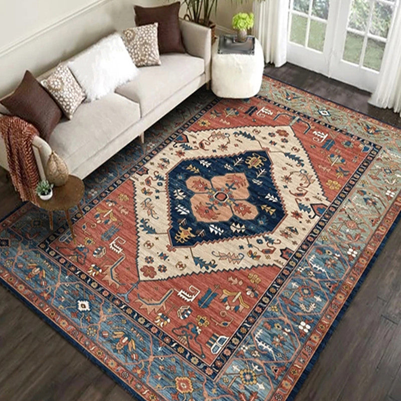 Avtoit | Moroccan Living Room Rug in Brown Medallion Floral Pattern Carpet Polyester Non-Slip Stain-Resistant Area Rug