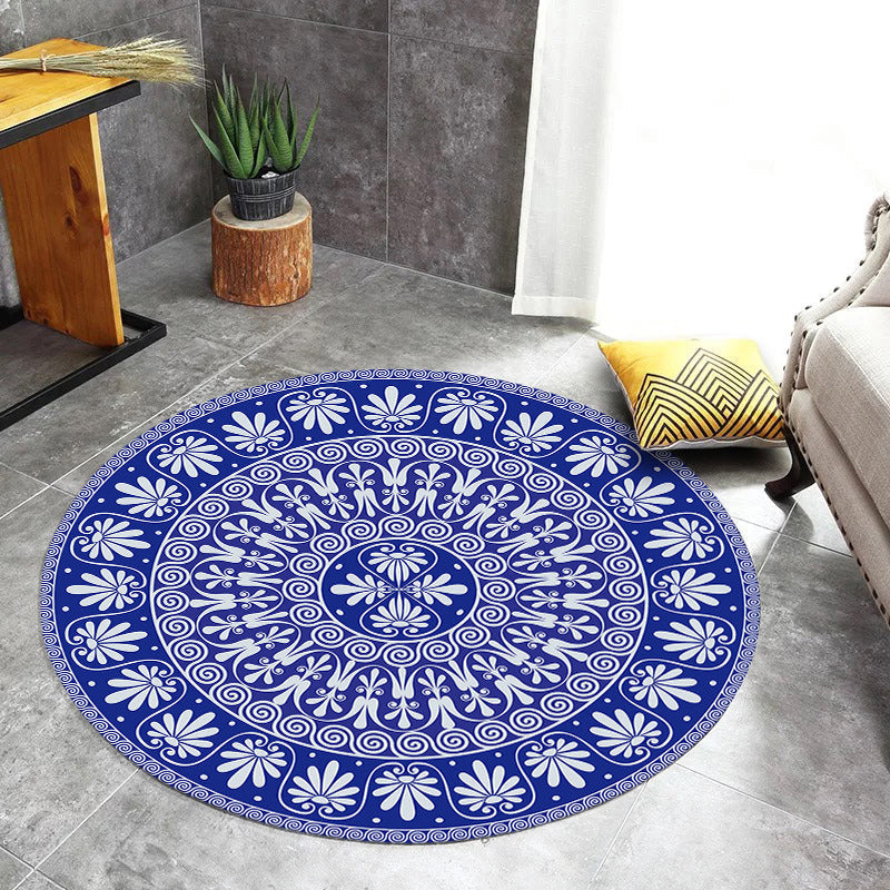 Avtoit | Blue Mediterranean Rug Flannel Floral Pattern Rug Washable Non-Slip Back Rug for the Living Room