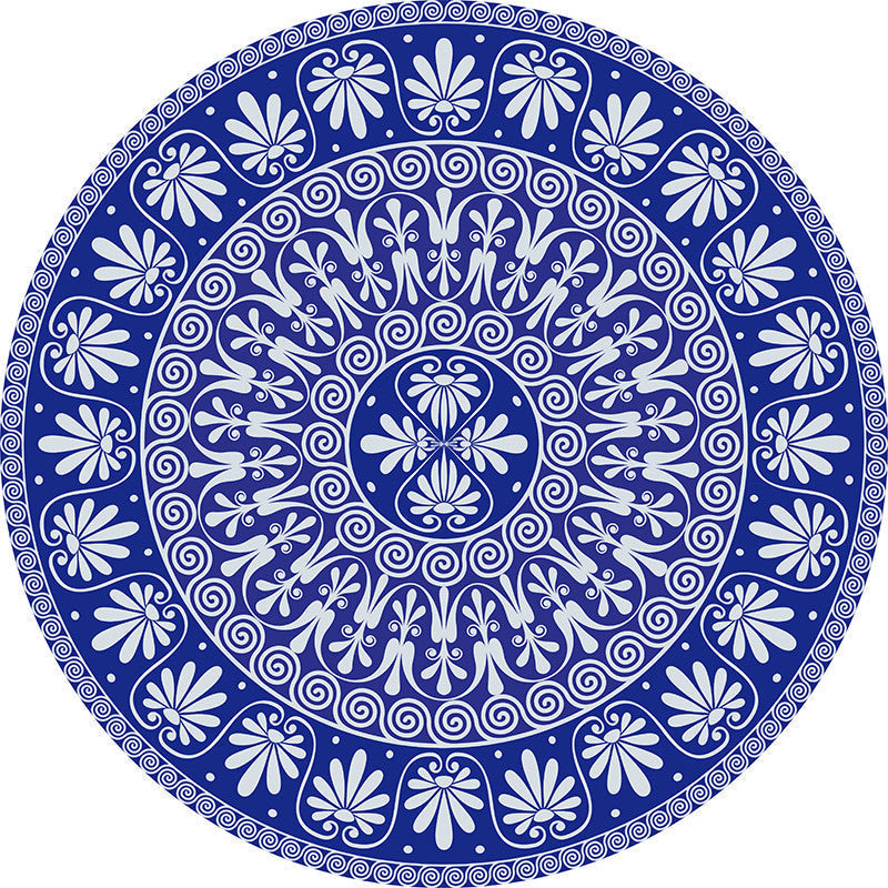 Avtoit | Blue Mediterranean Rug Flannel Floral Pattern Rug Washable Non-Slip Back Rug for the Living Room