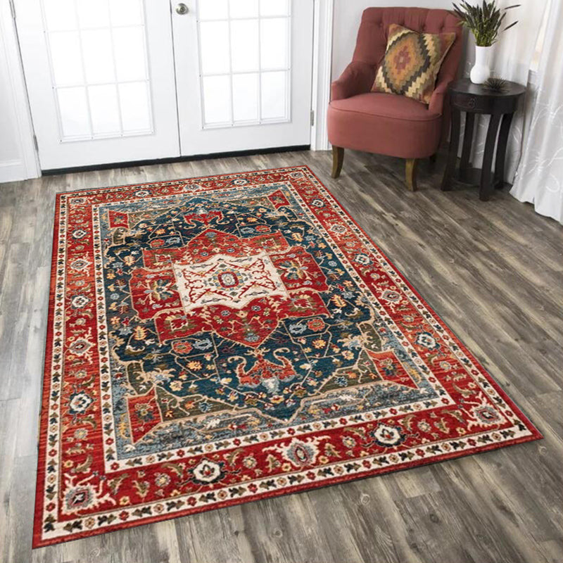 Avtoit | Oriental Moroccan Carpet in Red Medallion Leaf Flower Pattern Carpet Polyester Washable Non-slip Carpet for Home Decor