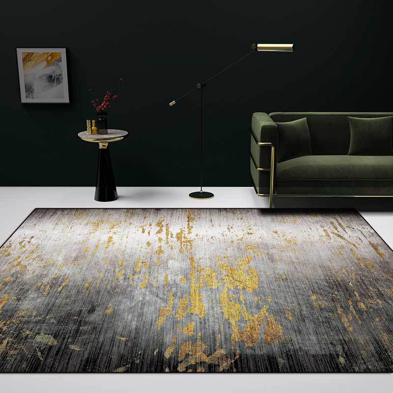 Avtoit | Creative Abstract Area Rug Black and Gold Contemporary Rug Polyester Washable Non-Slip Back Carpet for Living Room
