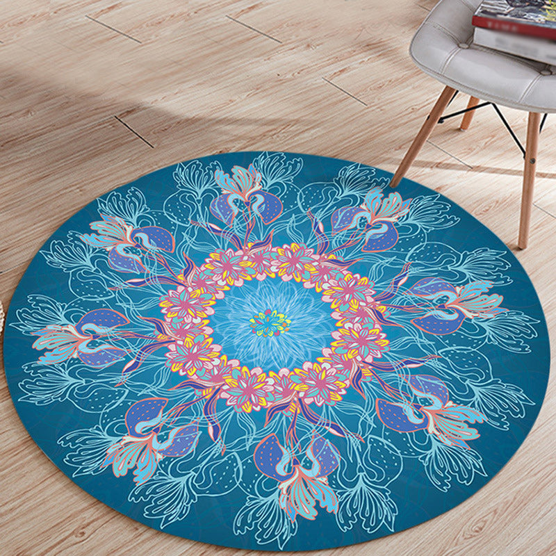 Avtoit | Mediterranean Botanical Floral Pattern Rug Blue Flannel Rug Machine Washable Non-Slip Rug for Bedroom