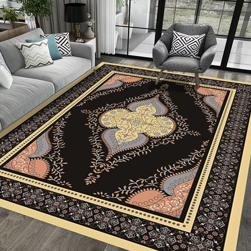 Avtoit | Persian Moroccan rug in black medallion leaf-shaped flower pattern rug polyester anti-slip rug for home decor