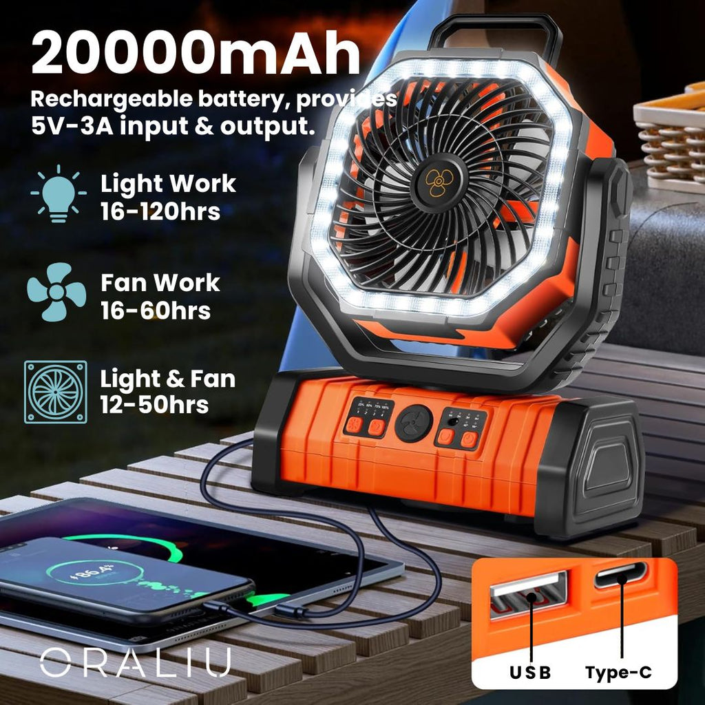 Avtoit | 3-in-1 Camping Fan with LED Light & 20000mAh Power Bank – USB Rechargeable & Wireless