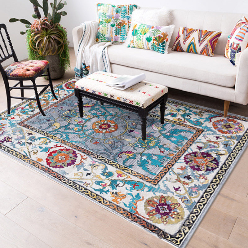 Avtoit | Blue and Brown Bedroom Rug Moroccan Medallion Floral Vine Pattern Rug Polyester Non-Slip Pet-Friendly Rug