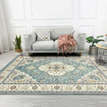 Avtoit | Moroccan Living Room Rug in Teal Medallion Floral Pattern Rug Polyester Non-Slip Stain Resistant Area Rug