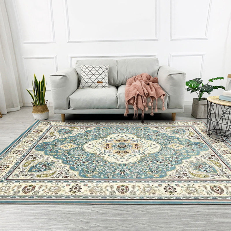 Avtoit | Moroccan Living Room Rug in Teal Medallion Floral Pattern Rug Polyester Non-Slip Stain Resistant Area Rug