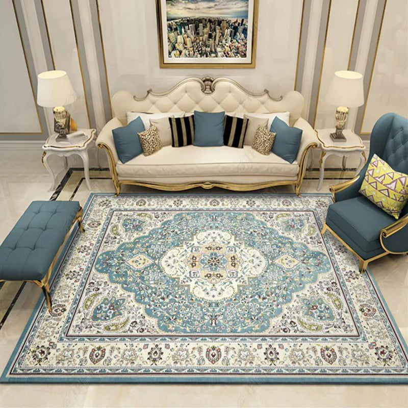 Avtoit | Moroccan Living Room Rug in Teal Medallion Floral Pattern Rug Polyester Non-Slip Stain Resistant Area Rug