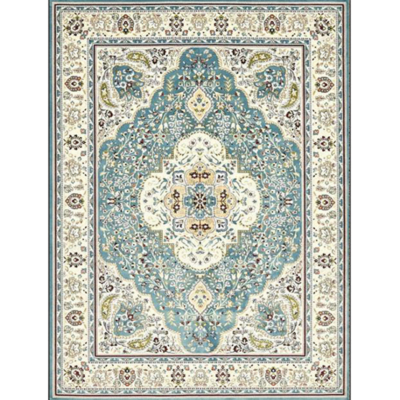 Avtoit | Moroccan Living Room Rug in Teal Medallion Floral Pattern Rug Polyester Non-Slip Stain Resistant Area Rug