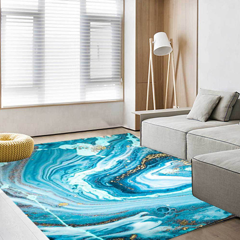 Avtoit | Funky Marble Pattern Rug Blue Modern Rug Polyester Washable Non-Slip Back Area Rug for Bedroom