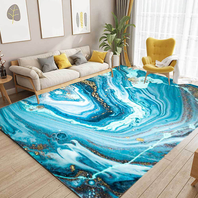 Avtoit | Funky Marble Pattern Rug Blue Modern Rug Polyester Washable Non-Slip Back Area Rug for Bedroom