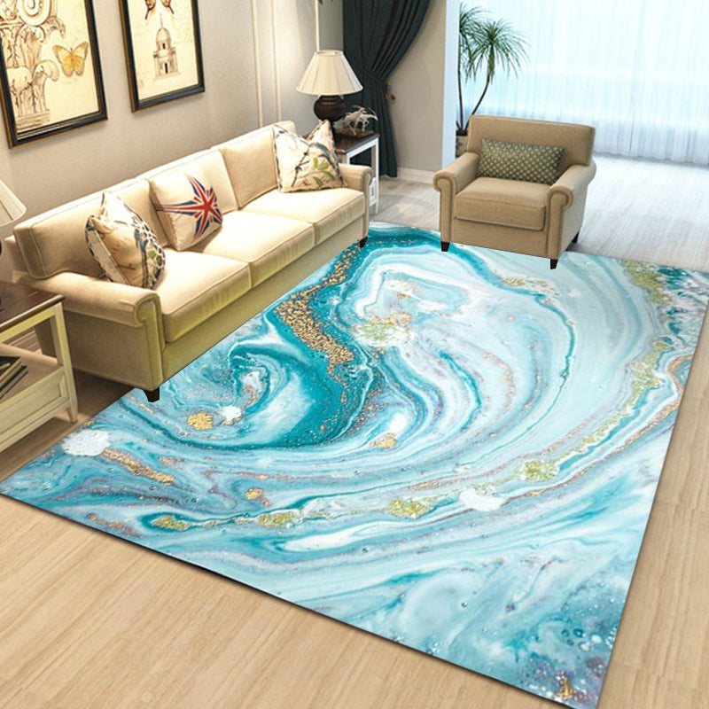 Avtoit | Funky Marble Pattern Rug Blue Modern Rug Polyester Washable Non-Slip Back Area Rug for Bedroom