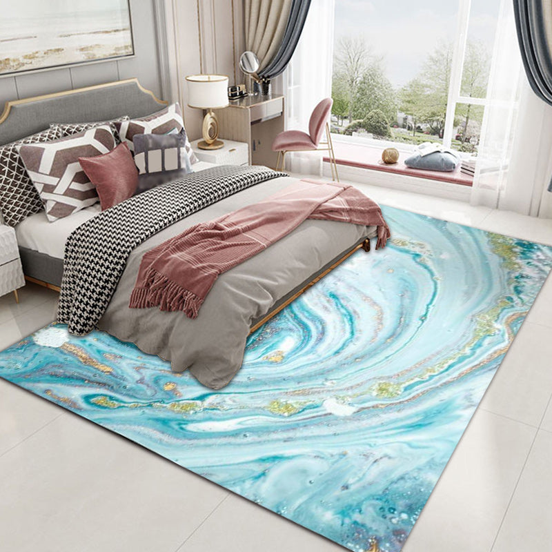 Avtoit | Funky Marble Pattern Rug Blue Modern Rug Polyester Washable Non-Slip Back Area Rug for Bedroom