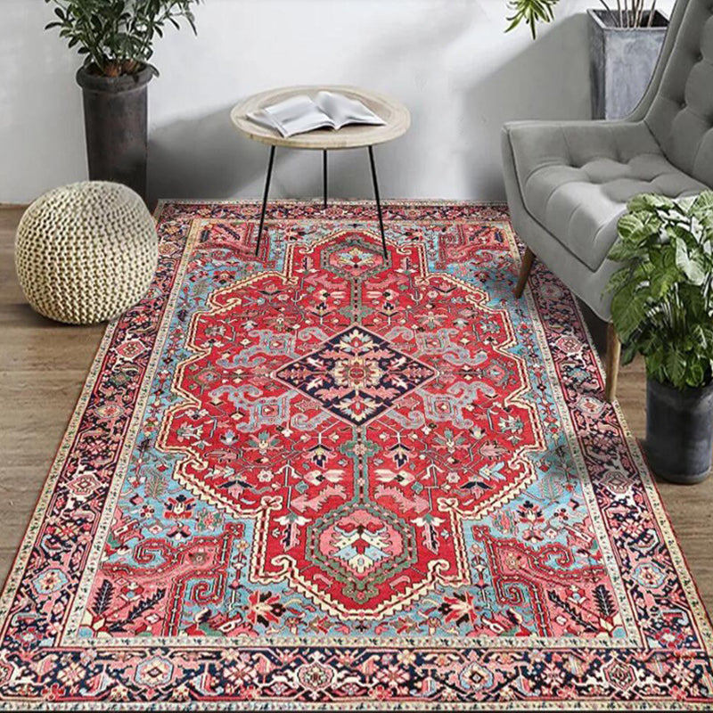 Avtoit | Red Bedroom Rug Moroccan Medallion Flower Pattern Rug Polyester Pet Friendly Non-Slip Back Rug