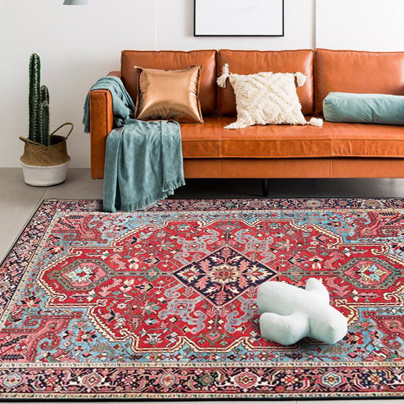 Avtoit | Red Bedroom Rug Moroccan Medallion Flower Pattern Rug Polyester Pet Friendly Non-Slip Back Rug