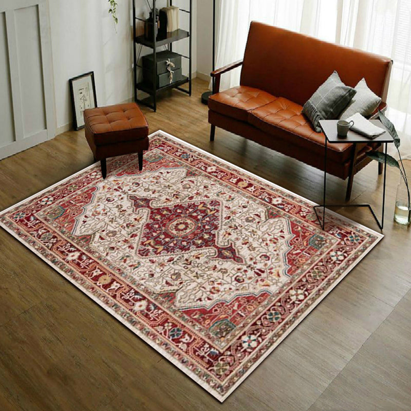 Avtoit | Moroccan Living Room Rug in Red Medallion Flower Pattern Rug Polyester Non-Slip Pet-Friendly Area Rug