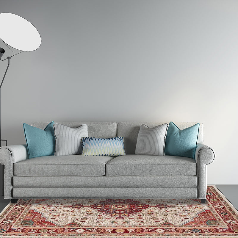 Avtoit | Moroccan Living Room Rug in Red Medallion Flower Pattern Rug Polyester Non-Slip Pet-Friendly Area Rug