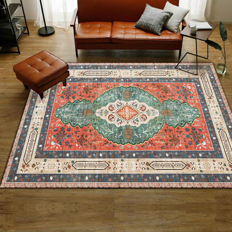 Avtoit | Persian Moroccan rug with orange medallion flower pattern rug polyester washable non-slip rug for home decor