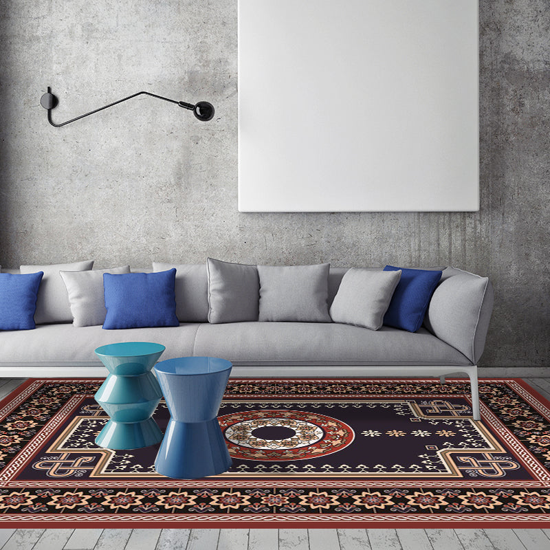 Avtoit | Moroccan Living Room Rug in Brown Medallion Flower Pattern Carpet Polyester Non-slip Washable Rug