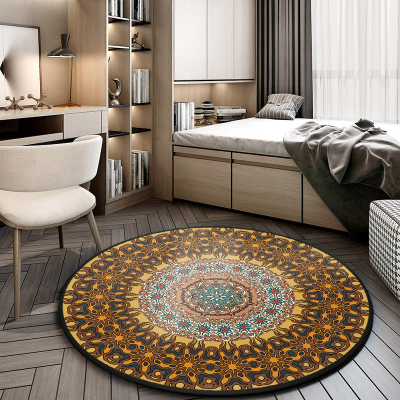 Avtoit | Moroccan living room rug with brown flower circle print rug polyester non-slip machine washable rug