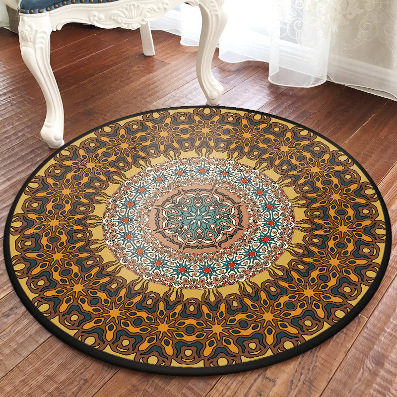 Avtoit | Moroccan living room rug with brown flower circle print rug polyester non-slip machine washable rug