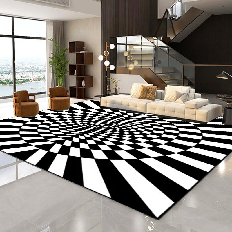 Avtoit | Novelty Living Room Rug in Black and White 3D Circle Stripe Pattern Rug Polyester Pet-Friendly Washable Rug
