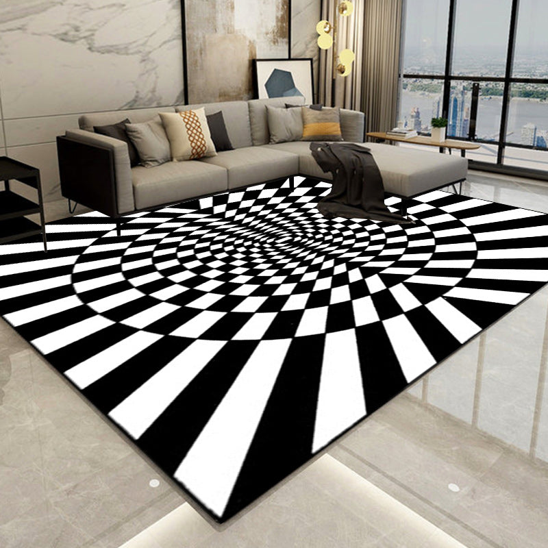Avtoit | Novelty Living Room Rug in Black and White 3D Circle Stripe Pattern Rug Polyester Pet-Friendly Washable Rug