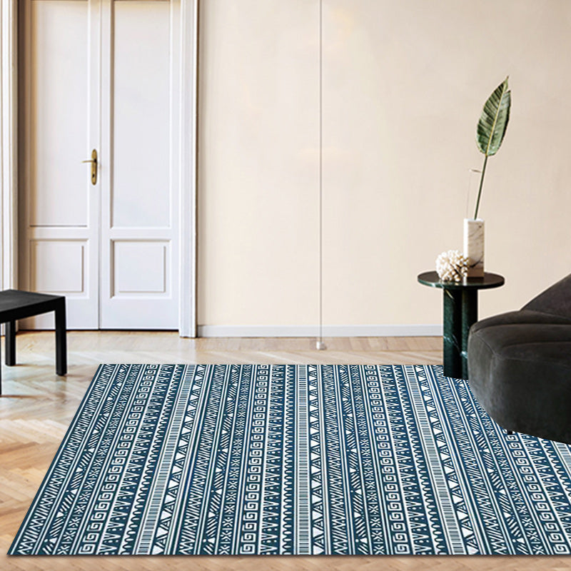 Avtoit | Tribal South-West Rug in Blue Stripes Triangle Greek Key Pattern Rug Polyester Non-slip Living Room Rug for Home Decor