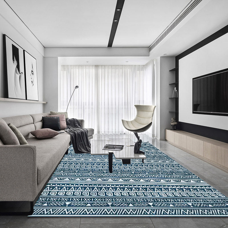 Avtoit | Tribal South-West Rug in Blue Stripes Triangle Greek Key Pattern Rug Polyester Non-slip Living Room Rug for Home Decor