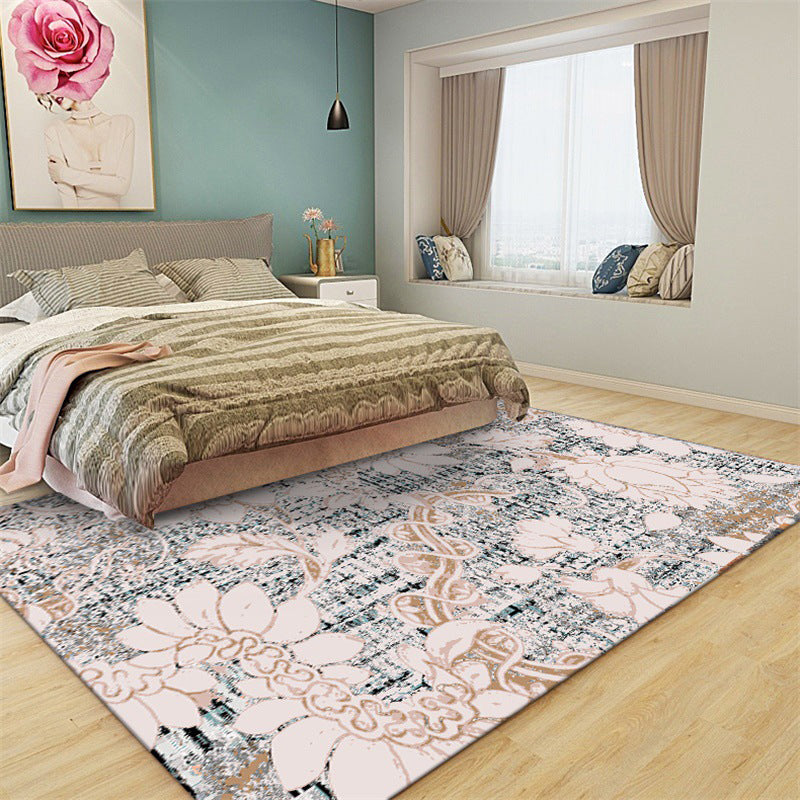 Avtoit | Washed white floral patterned carpet with leaf pink shabby chic carpet washable polyester non-slip backing doormat for bedroom
